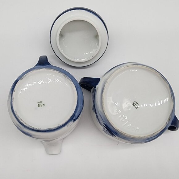Blue and White Porcelain Cream and Sugar Bowl Nautical Lighthouse Sailboat VTG - Picture 7 of 11